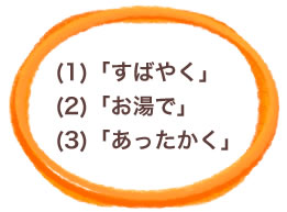 (1)「すばやく」(2)「お湯で」(3)「あったかく」